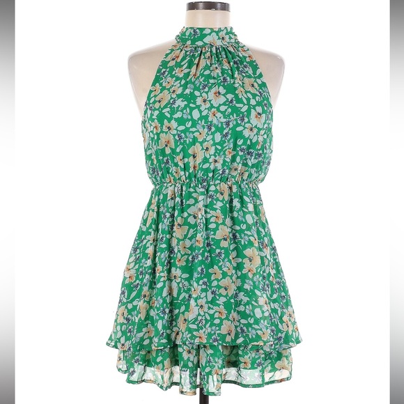 High Neck Green Floral Dress - Picture 2 of 3